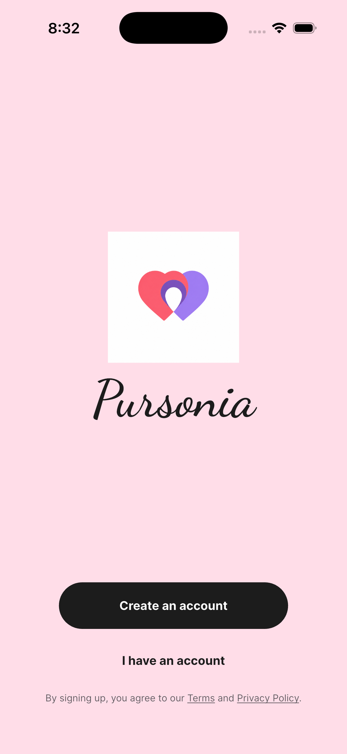 Pursonia welcome screen on an iPhone